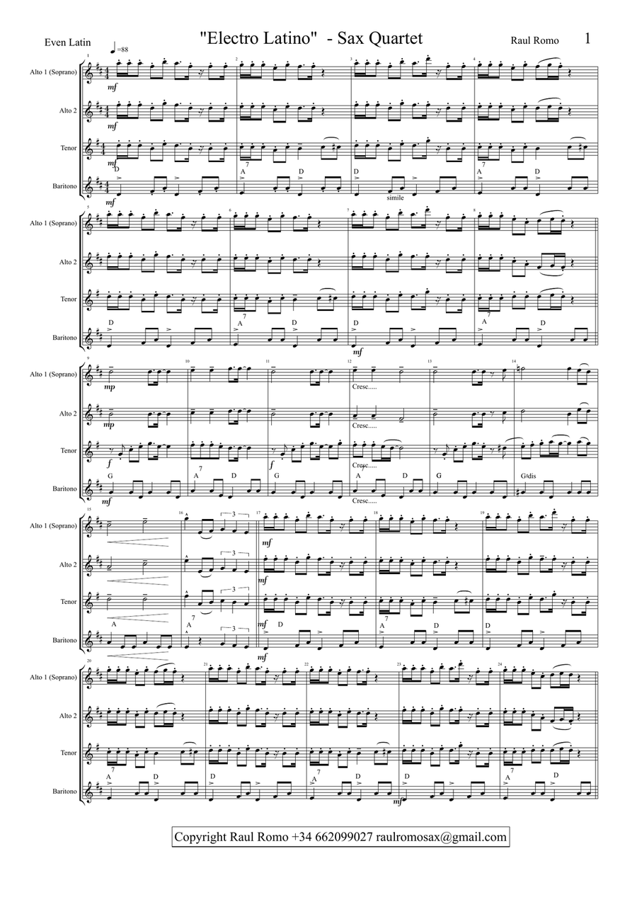 'Electro Latino' SAXOPHONE QUARTET - Student Saxophone Quartet scores gallery preview page 1