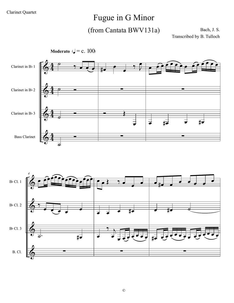 BWV131a Fugue in G Minor from Cantata BWV131a Clarinet Quartet scores gallery preview page 1