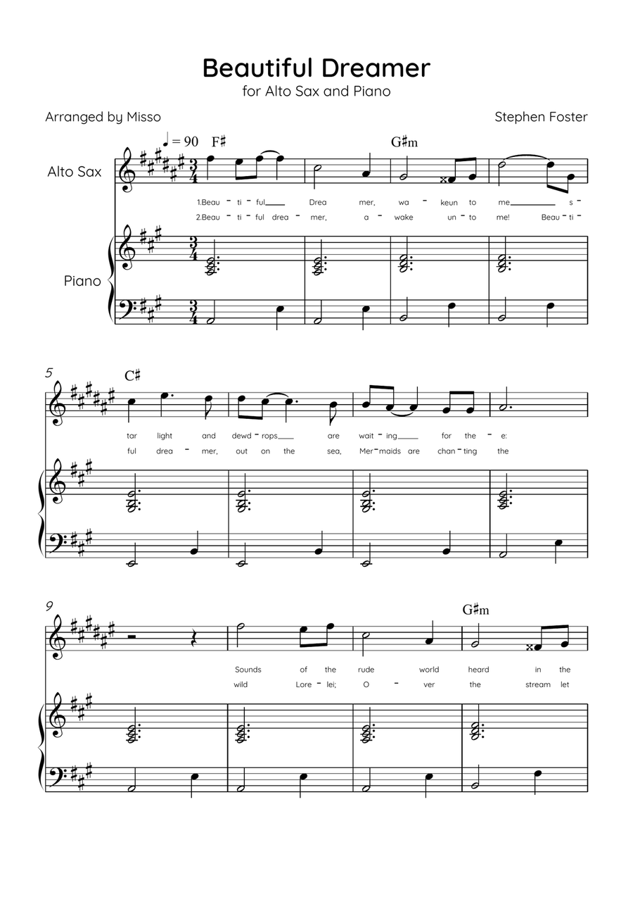 Beautiful Dreamer - Alto Sax and Piano in A Major Easy - Lyrics & Chords Alto Saxophone scores gallery preview page 1