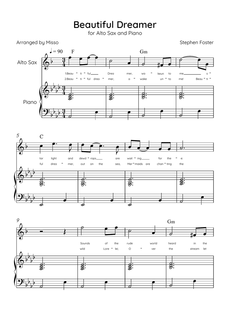 Beautiful Dreamer - Alto Sax and Piano in Ab Major Easy - Lyrics & Chords Alto Saxophone scores gallery preview page 1