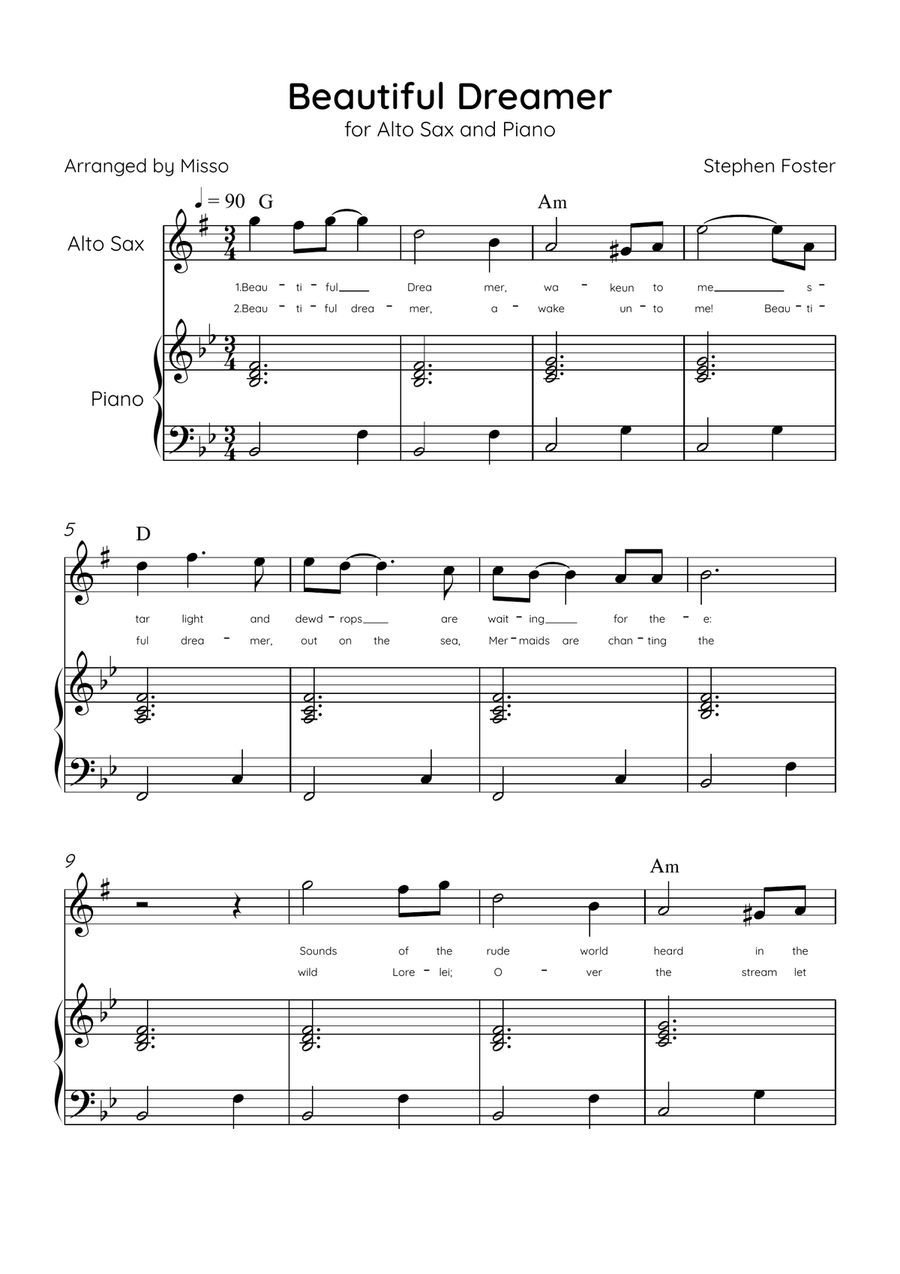 Beautiful Dreamer - Alto Sax and Piano in Bb Major Easy - Lyrics & Chords (Version Tom Roush) Alto Saxophone scores gallery preview page 1