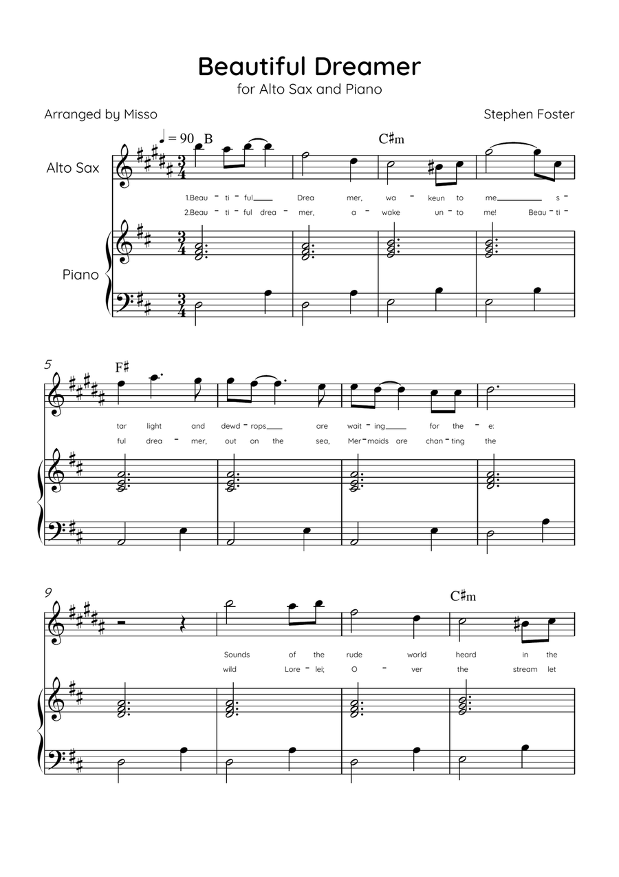 Beautiful Dreamer - Alto Sax and Piano in D Major Easy - Lyrics & Chords (Version Tom Roush) Alto Saxophone scores gallery preview page 1