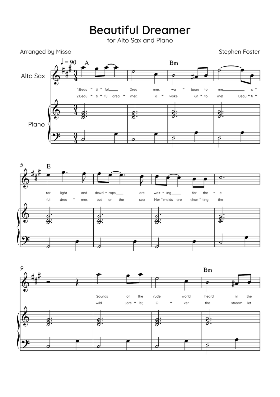 Beautiful Dreamer - Alto Sax and Piano in C Major Easy - Lyrics & Chords (Version Tom Roush) Alto Saxophone scores gallery preview page 1