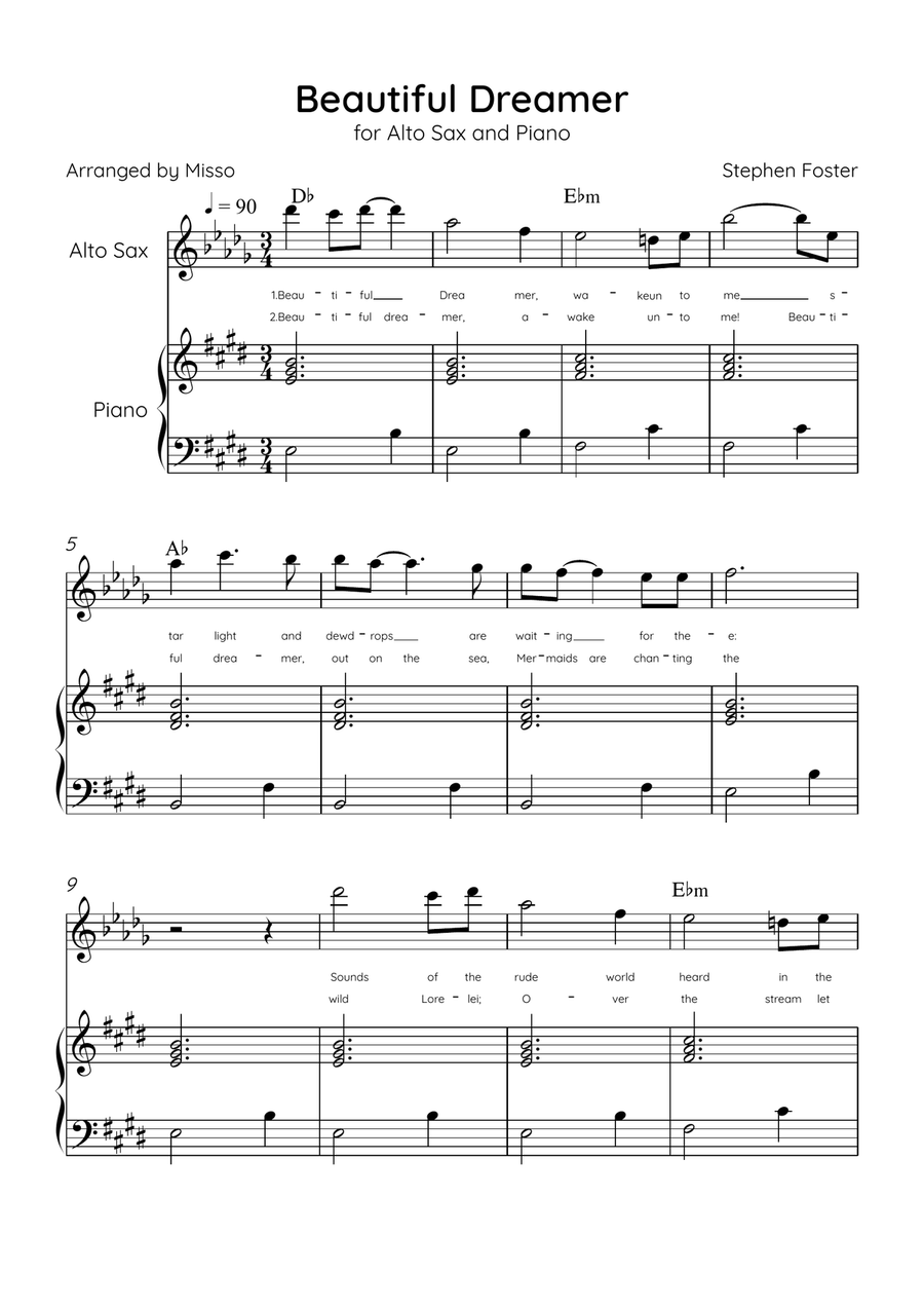 Beautiful Dreamer - Alto Sax and Piano in E Major Easy - Lyrics & Chords (Version Tom Roush) Alto Saxophone scores gallery preview page 1