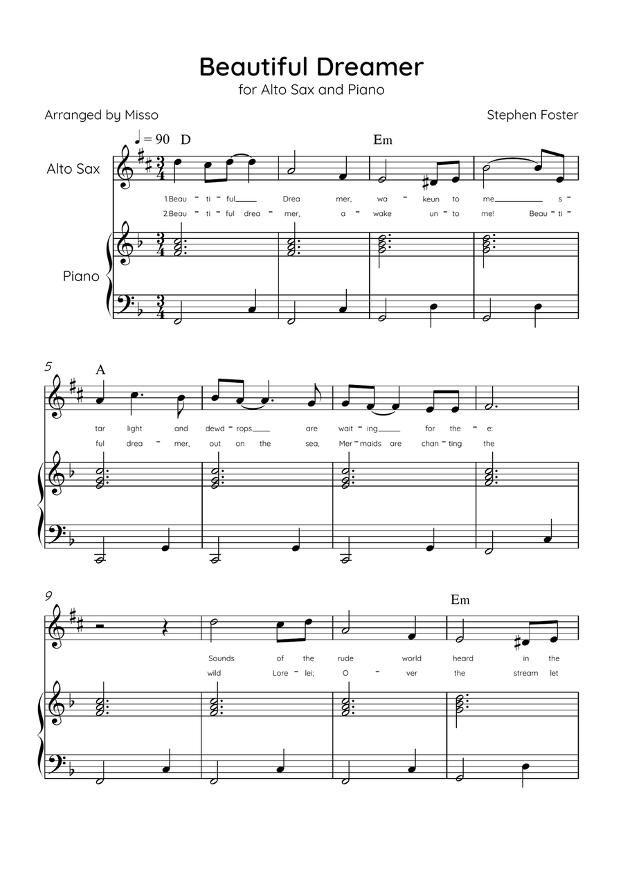 Beautiful Dreamer - Alto Sax and Piano in F Major Easy - Lyrics & Chords (Version Tom Roush) Alto Saxophone scores gallery preview page 1