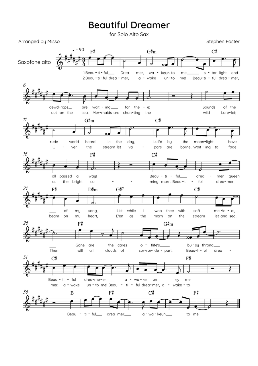 Beautiful Dreamer - Solo Alto Sax in A Major Easy - Lyrics & Chords (Version Tom Roush) Alto Saxophone scores gallery preview page 1