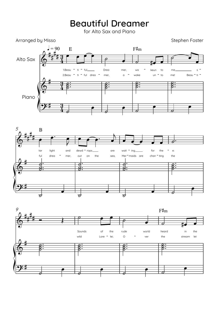 Beautiful Dreamer - Alto Sax and Piano in G Major Easy - Lyrics & Chords (Version Tom Roush) Alto Saxophone scores gallery preview page 1