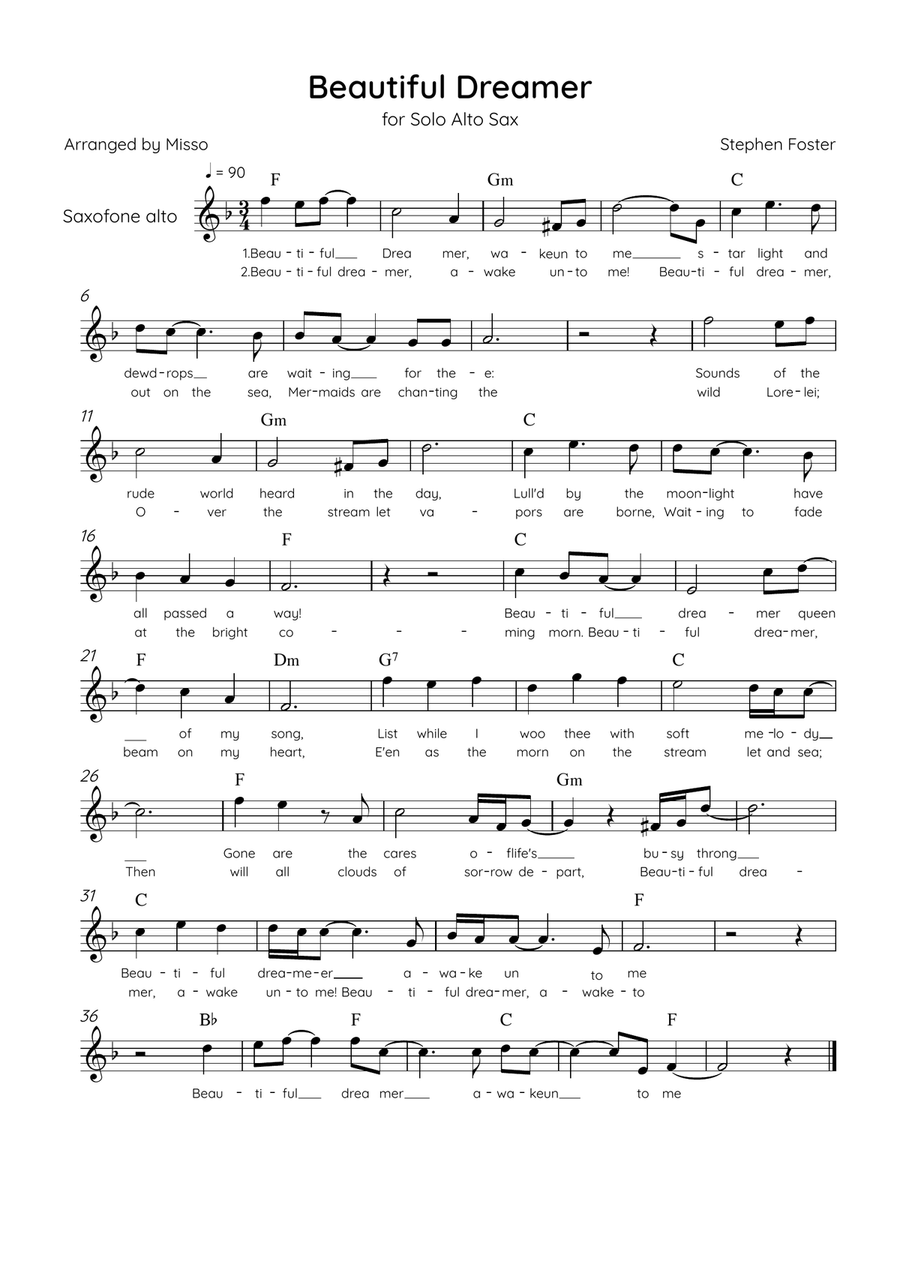Beautiful Dreamer - Solo Alto Sax in Ab Major Easy - Lyrics & Chords (Version Tom Roush) Alto Saxophone scores gallery preview page 1