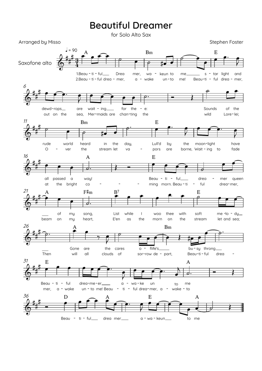 Beautiful Dreamer - Solo Alto Sax in C Major Easy - Lyrics & Chords (Version Tom Roush) Alto Saxophone scores gallery preview page 1