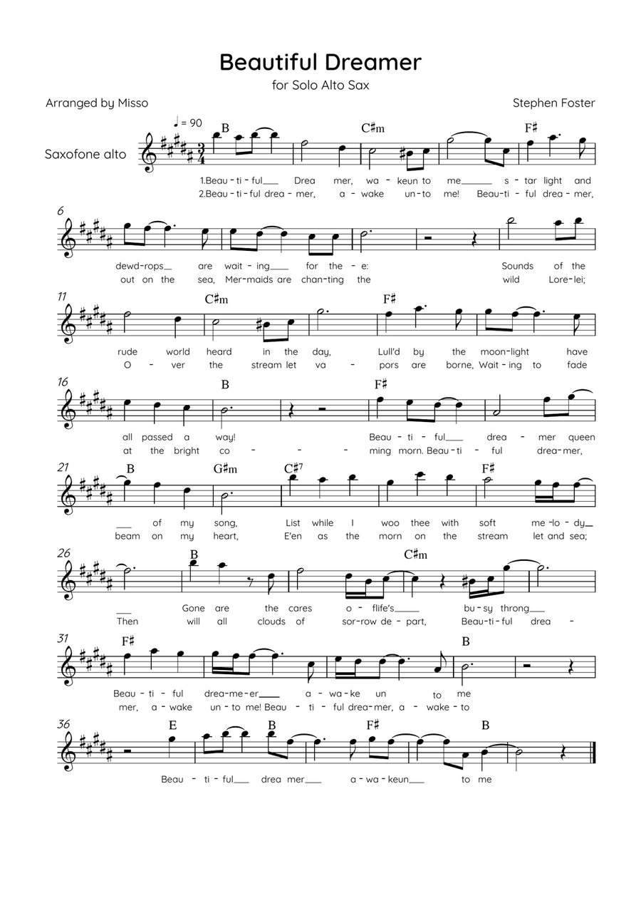 Beautiful Dreamer - Solo Alto Sax in D Major Easy - Lyrics & Chords (Version Tom Roush) Alto Saxophone scores gallery preview page 1