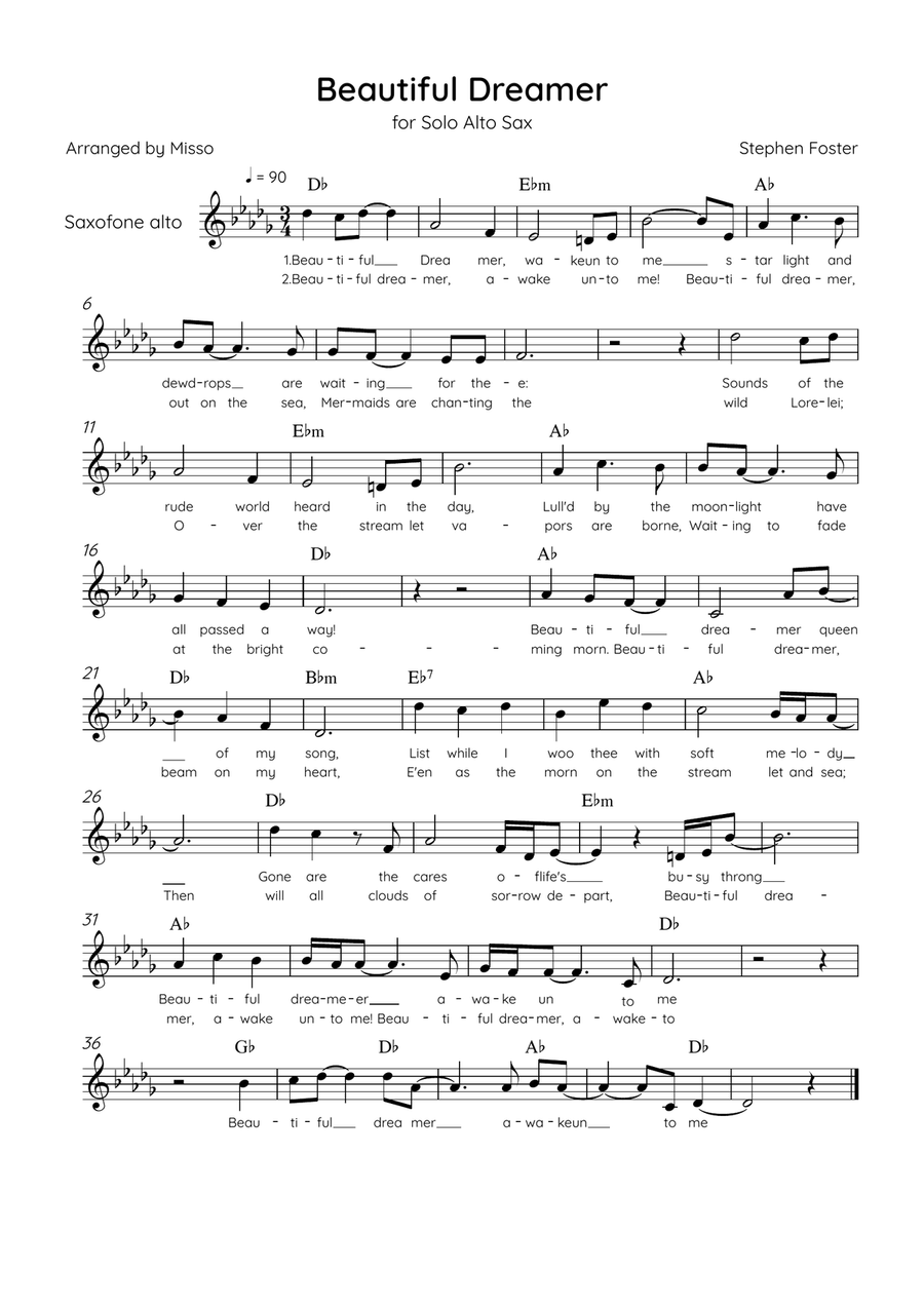 Beautiful Dreamer - Solo Alto Sax in E Major Easy - Lyrics & Chords (Version Tom Roush) Alto Saxophone scores gallery preview page 1
