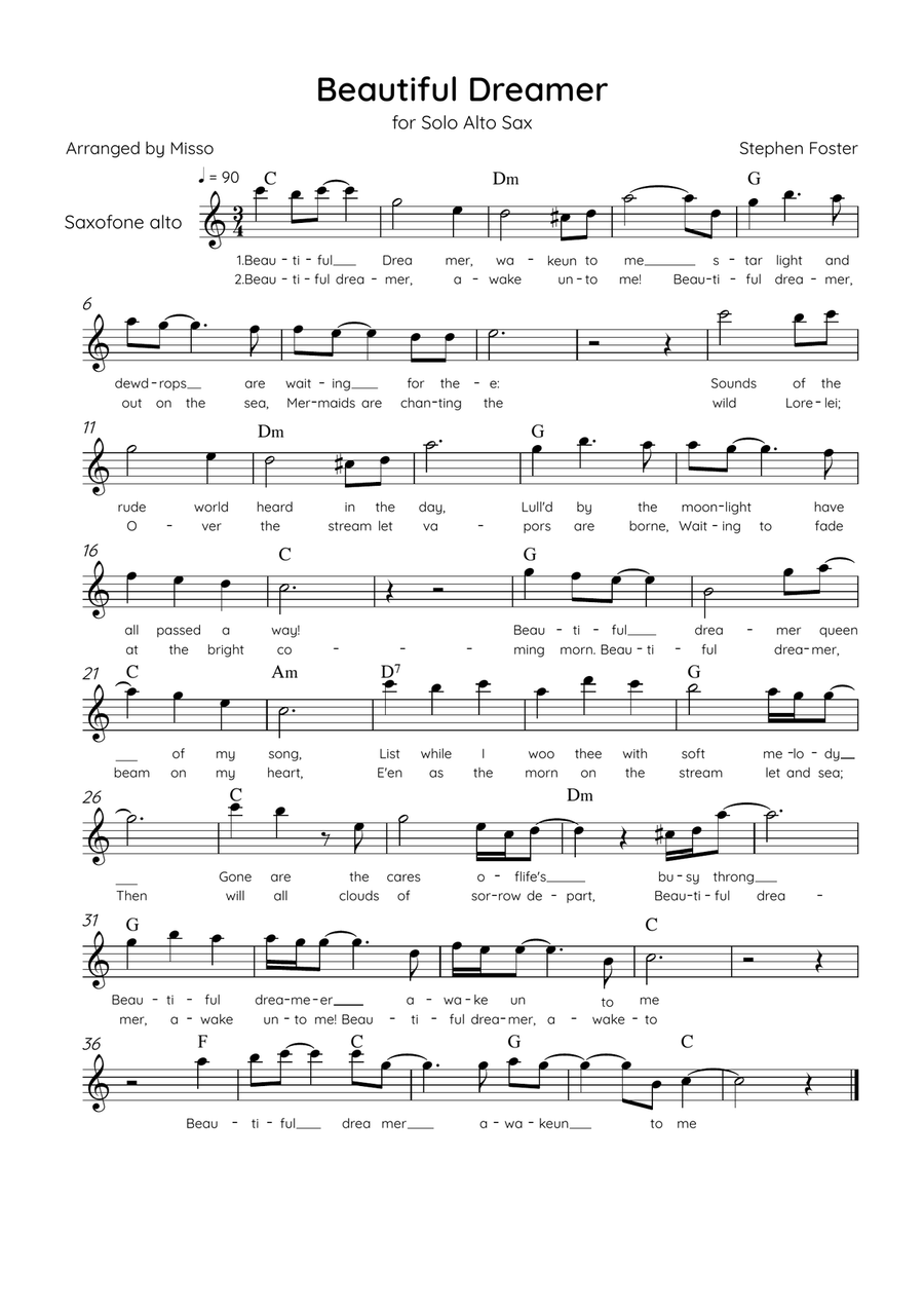 Beautiful Dreamer - Solo Alto Sax in Eb Major Easy - Lyrics & Chords (Version Tom Roush) Alto Saxophone scores gallery preview page 1