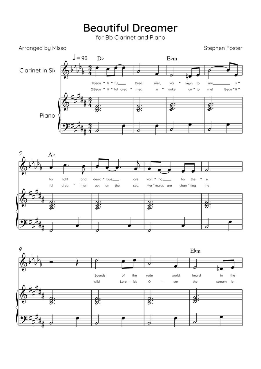 Beautiful Dreamer - Bb Clarinet and Piano in B Major Easy - Lyrics & Chords (Version Tom Roush) B-Flat Clarinet scores gallery preview page 1