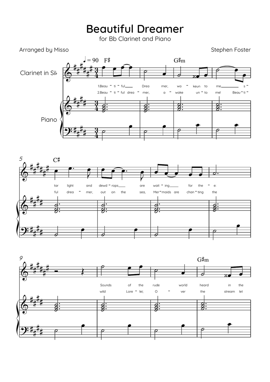 Beautiful Dreamer - Bb Clarinet and Piano in E Major Easy - Lyrics & Chords (Version Tom Roush) B-Flat Clarinet scores gallery preview page 1