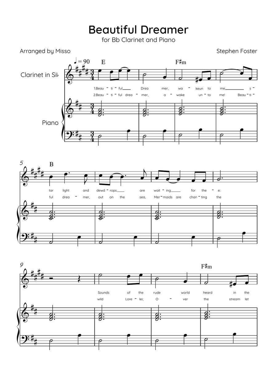 Beautiful Dreamer - Bb Clarinet and Piano in D Major Easy - Lyrics & Chords (Version Tom Roush) B-Flat Clarinet scores gallery preview page 1