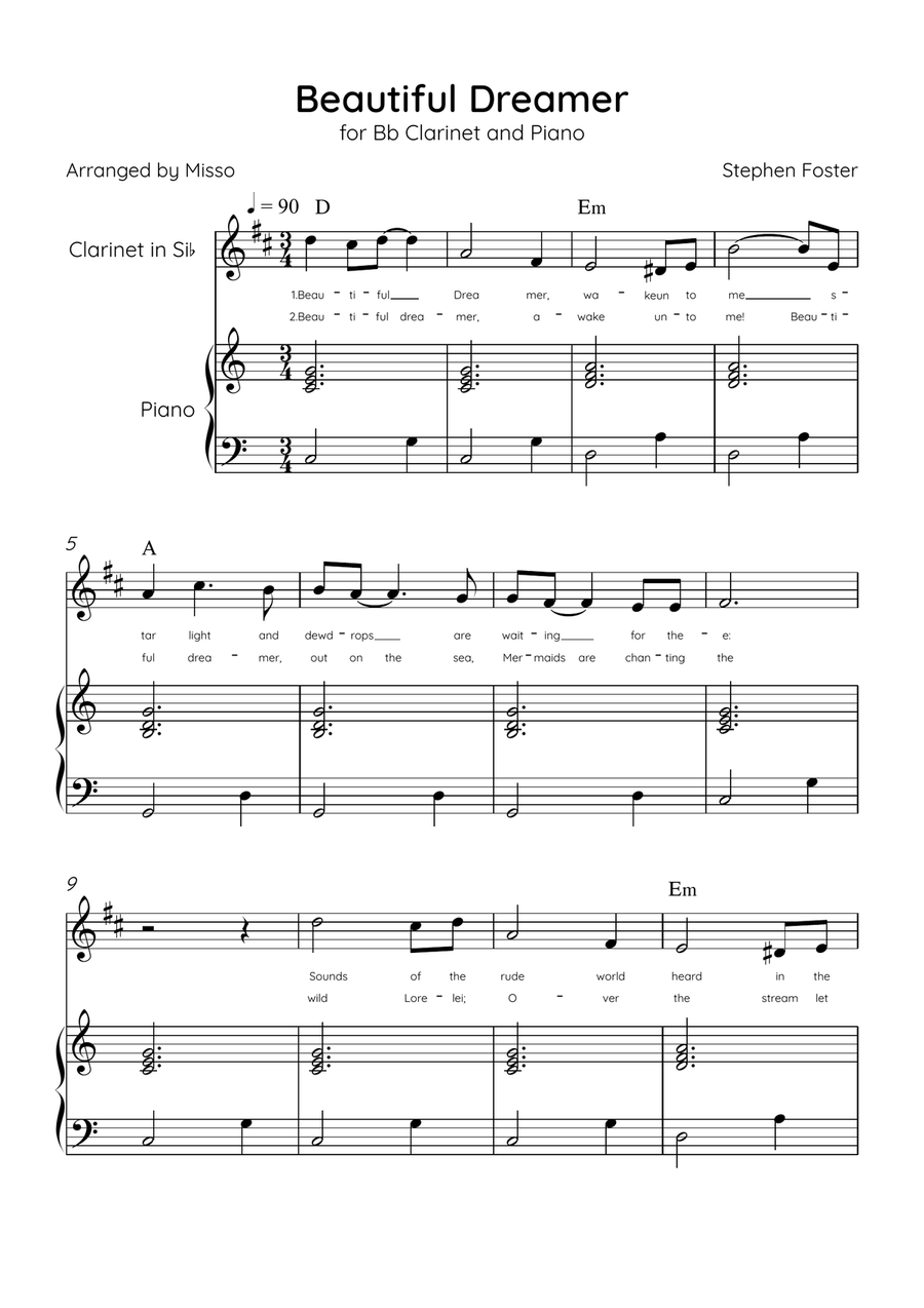 Beautiful Dreamer - Bb Clarinet and Piano in C Major Easy - Lyrics & Chords (Version Tom Roush) B-Flat Clarinet scores gallery preview page 1