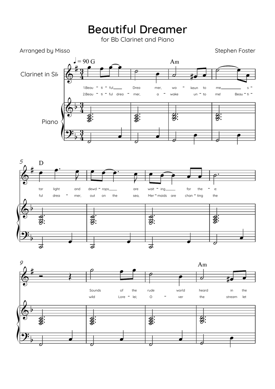 Beautiful Dreamer - Bb Clarinet and Piano in F Major Easy - Lyrics & Chords (Version Tom Roush) B-Flat Clarinet scores gallery preview page 1