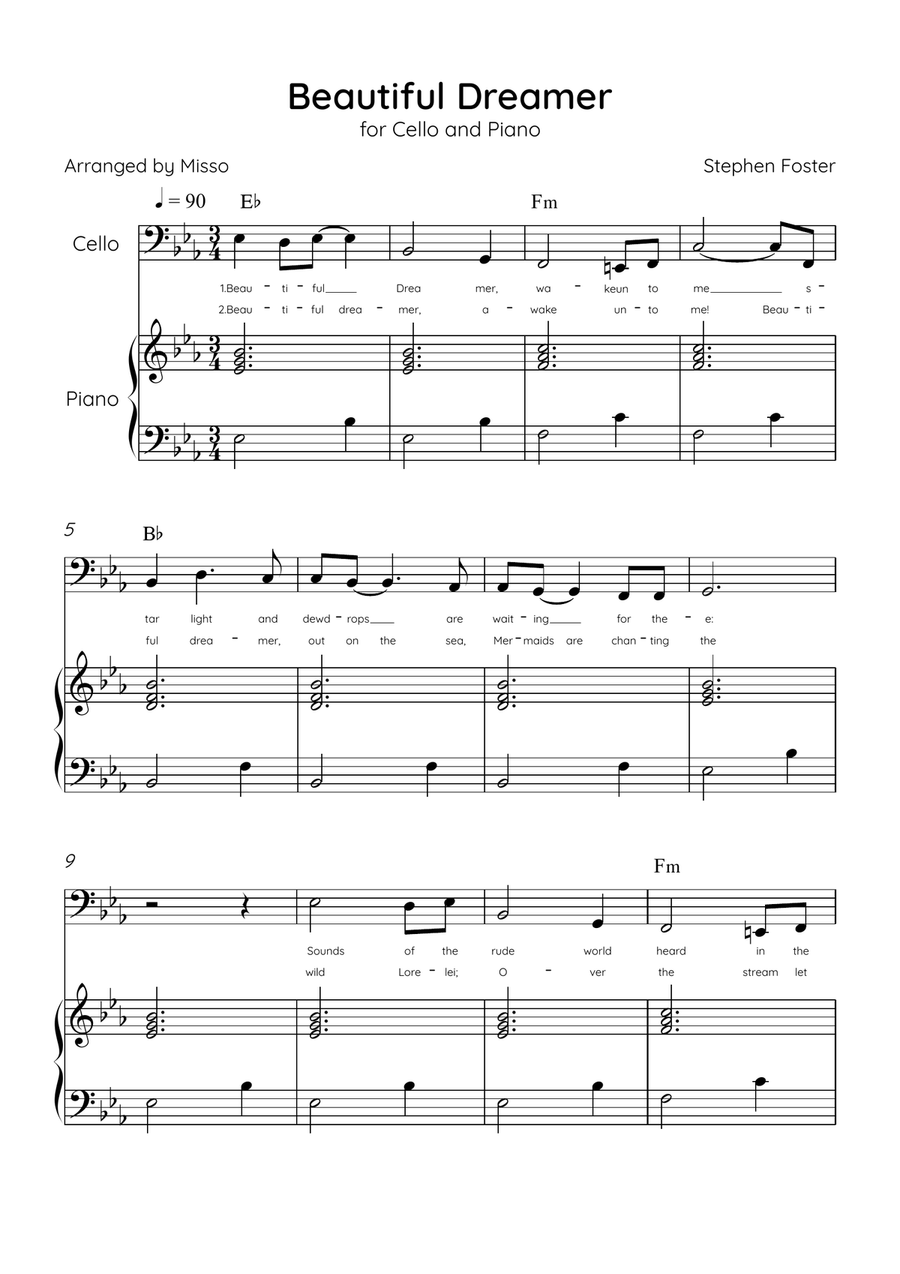 Beautiful Dreamer - Bb Clarinet and Piano in Eb Major Easy - Lyrics & Chords (Version Tom Roush) B-Flat Clarinet scores gallery preview page 1