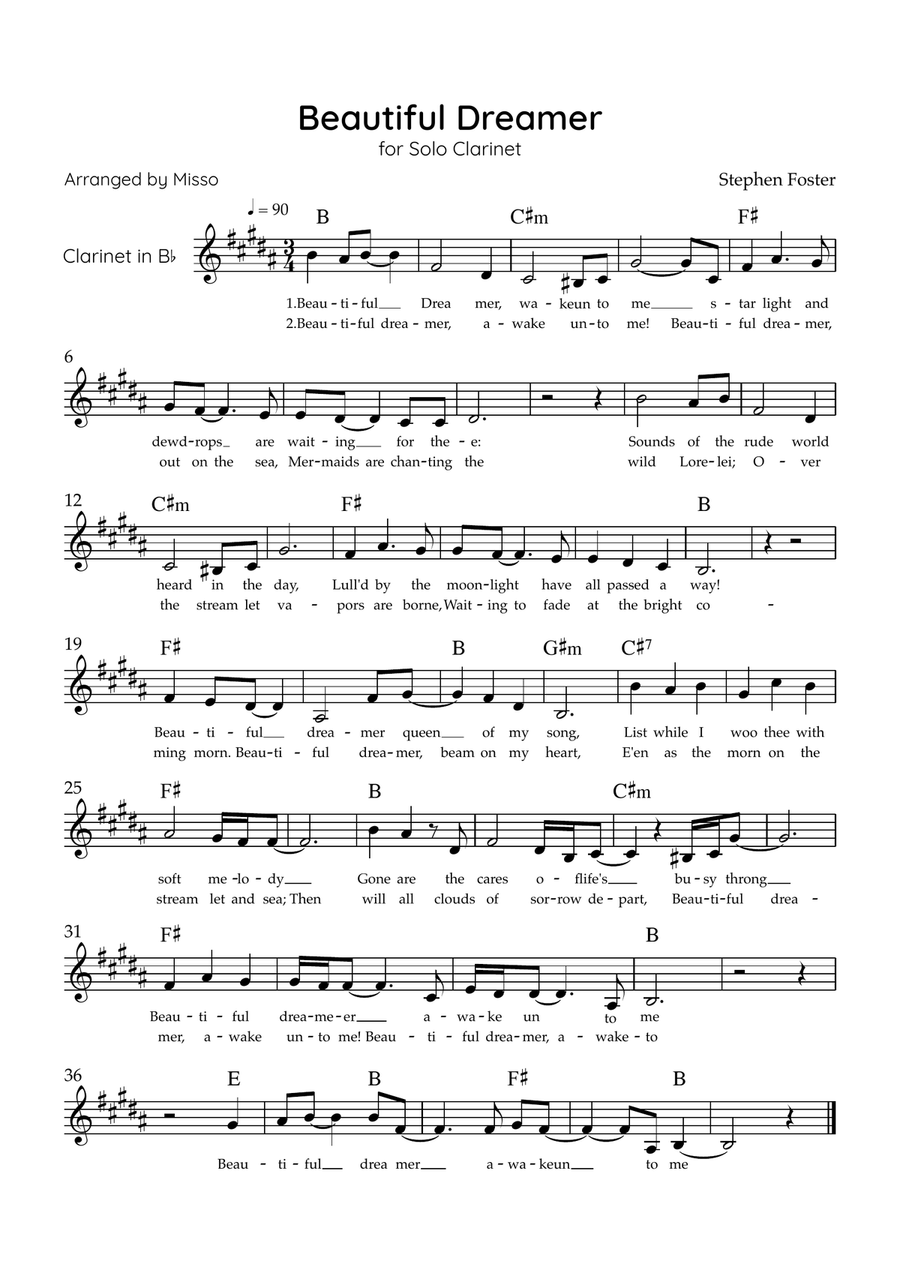 Beautiful Dreamer - Solo Bb Clarinet in A Major Easy - Lyrics & Chords (Version Tom Roush) B-Flat Clarinet scores gallery preview page 1