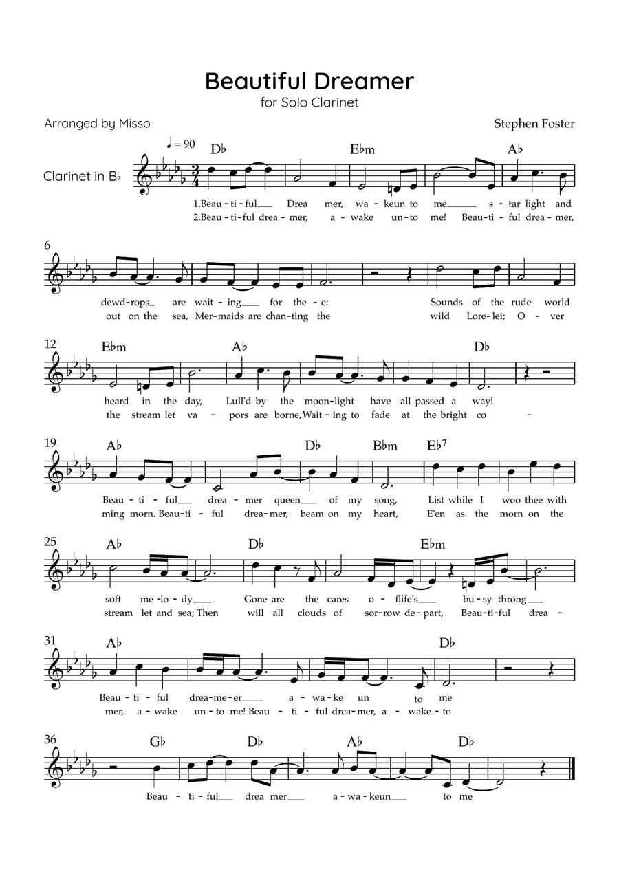 Beautiful Dreamer - Solo Bb Clarinet in B Major Easy - Lyrics & Chords (Version Tom Roush) B-Flat Clarinet scores gallery preview page 1