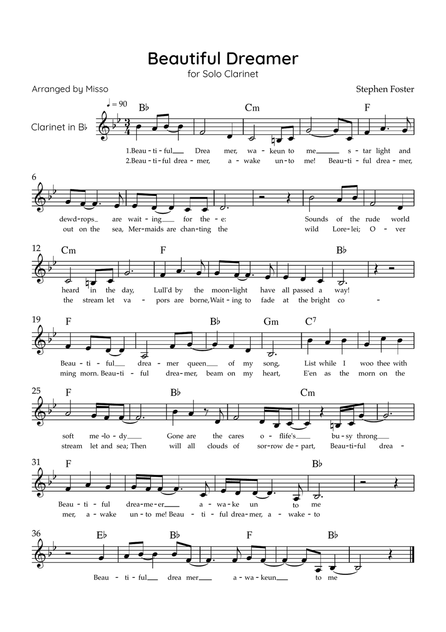 Beautiful Dreamer - Solo Bb Clarinet in Ab Major Easy - Lyrics & Chords (Version Tom Roush) B-Flat Clarinet scores gallery preview page 1