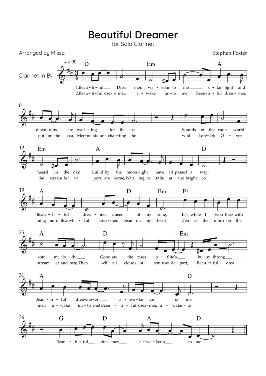 Beautiful Dreamer - Solo Bb Clarinet in C Major Easy - Lyrics & Chords (Version Tom Roush) B-Flat Clarinet scores gallery preview page 1