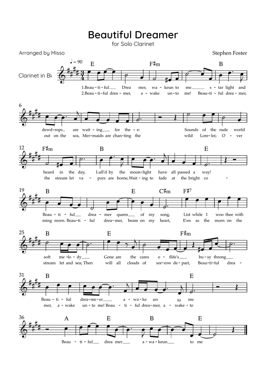 Beautiful Dreamer - Solo Bb Clarinet in D Major Easy - Lyrics & Chords (Version Tom Roush) B-Flat Clarinet scores gallery preview page 1