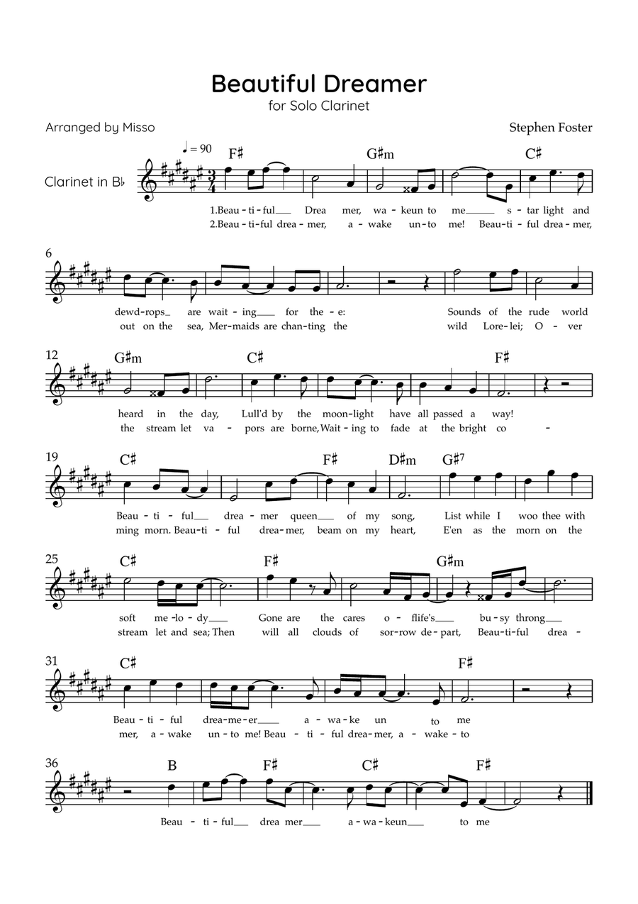 Beautiful Dreamer - Solo Bb Clarinet in E Major Easy - Lyrics & Chords (Version Tom Roush) B-Flat Clarinet scores gallery preview page 1