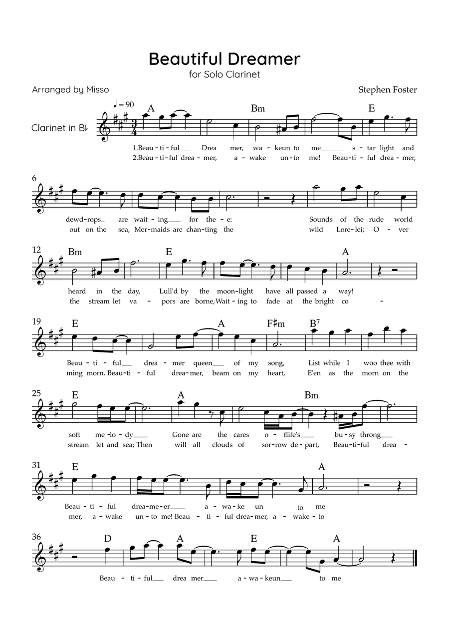 Beautiful Dreamer - Solo Bb Clarinet in G Major Easy - Lyrics & Chords (Version Tom Roush) B-Flat Clarinet scores gallery preview page 1