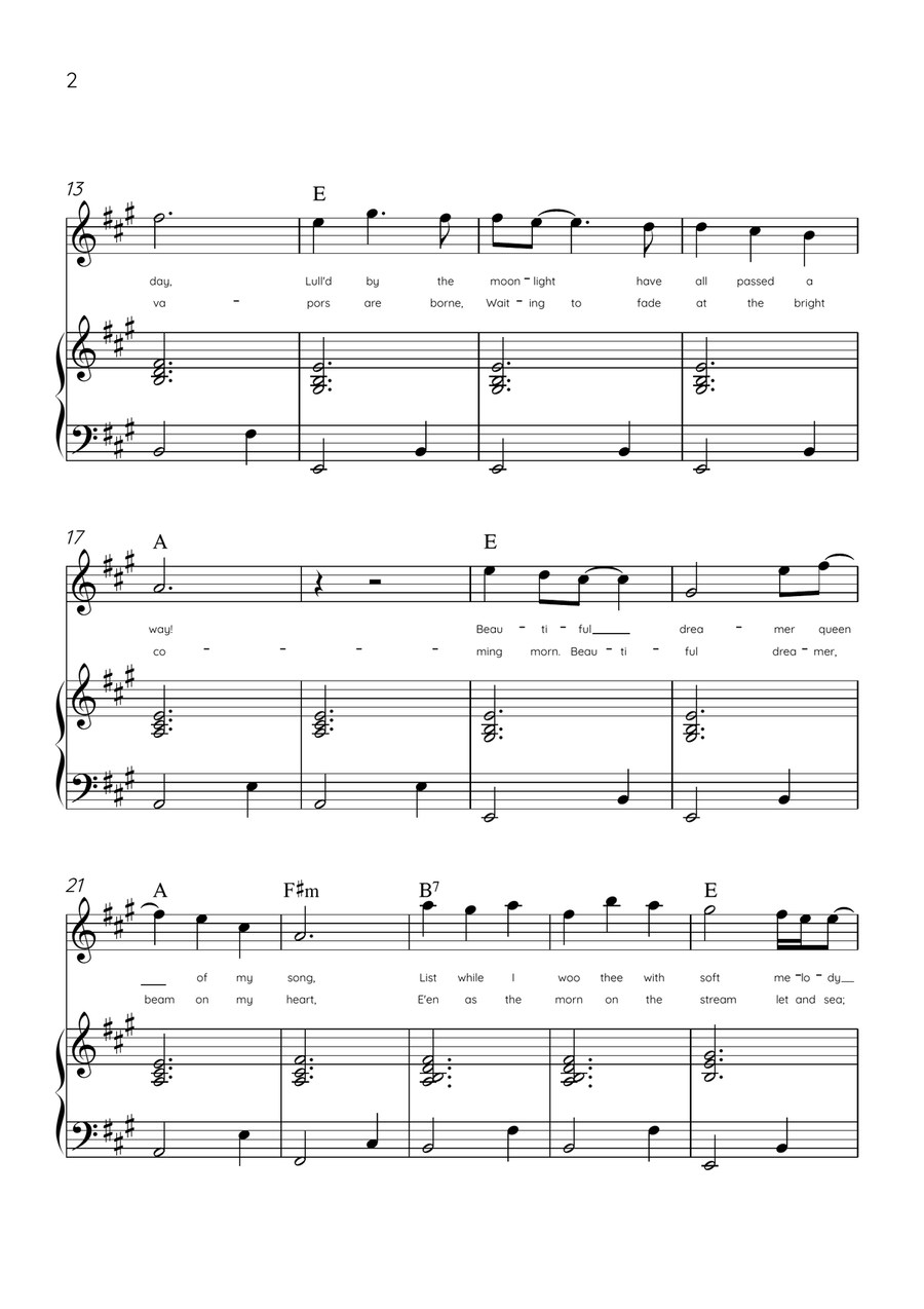 Beautiful Dreamer - Flute and Piano in A Major Easy - Lyrics & Chords (Version Tom Roush) Flute scores gallery preview page 2