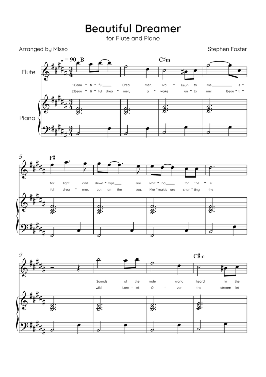 Beautiful Dreamer - Flute and Piano in B Major Easy - Lyrics & Chords (Version Tom Roush) Flute scores gallery preview page 1