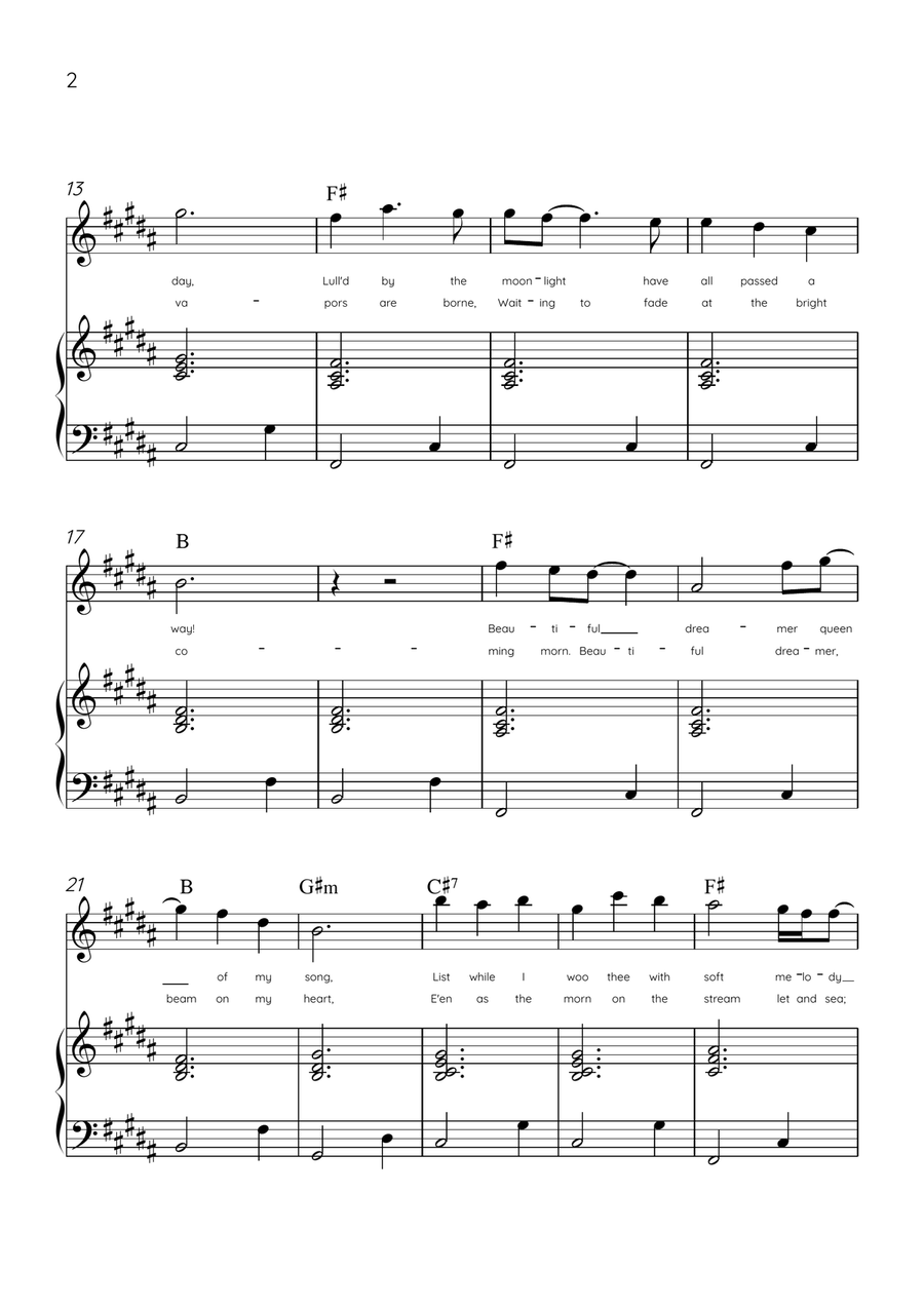 Beautiful Dreamer - Flute and Piano in B Major Easy - Lyrics & Chords (Version Tom Roush) Flute scores gallery preview page 2