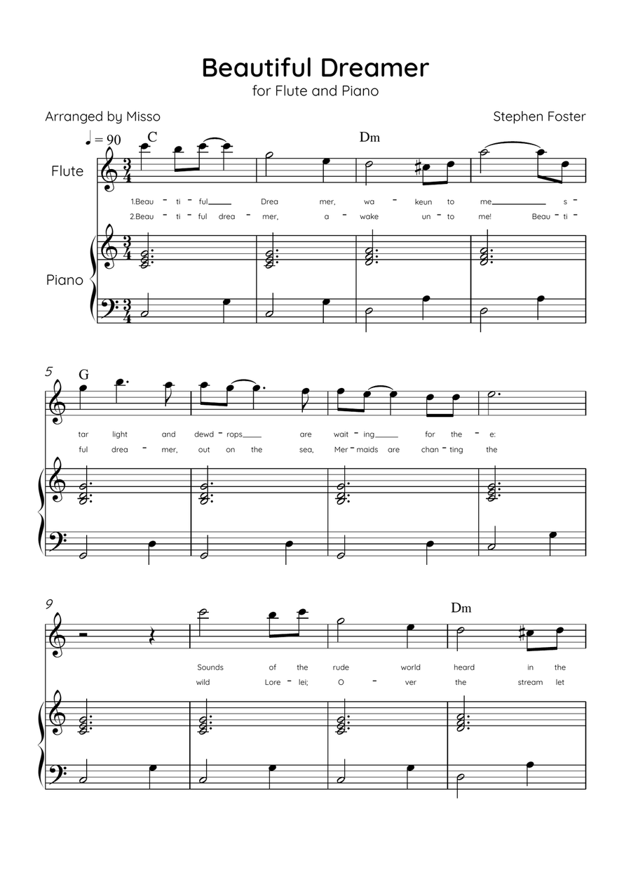 Beautiful Dreamer - Flute and Piano in C Major Easy - Lyrics & Chords (Version Tom Roush) Flute scores gallery preview page 1
