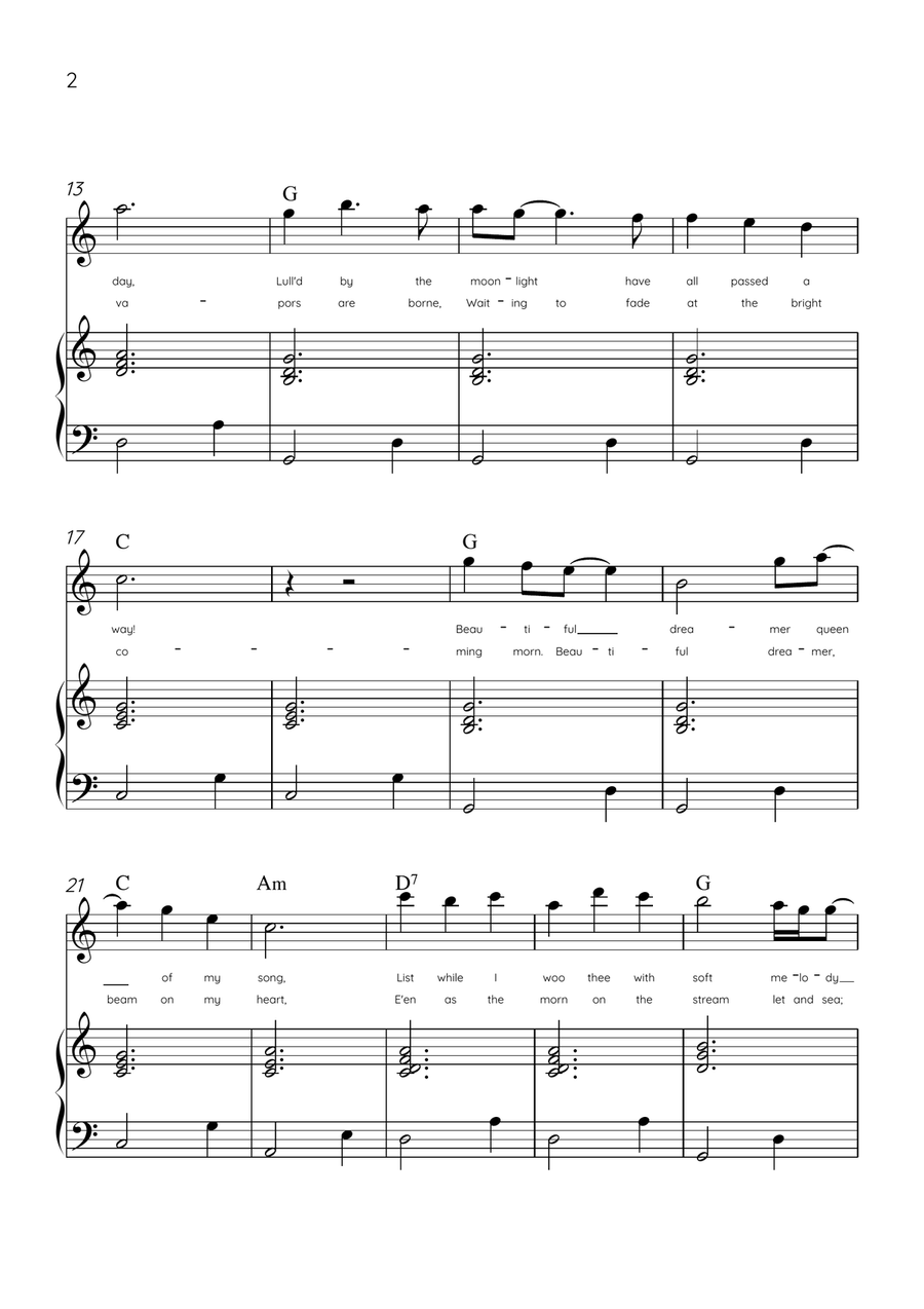 Beautiful Dreamer - Flute and Piano in C Major Easy - Lyrics & Chords (Version Tom Roush) Flute scores gallery preview page 2