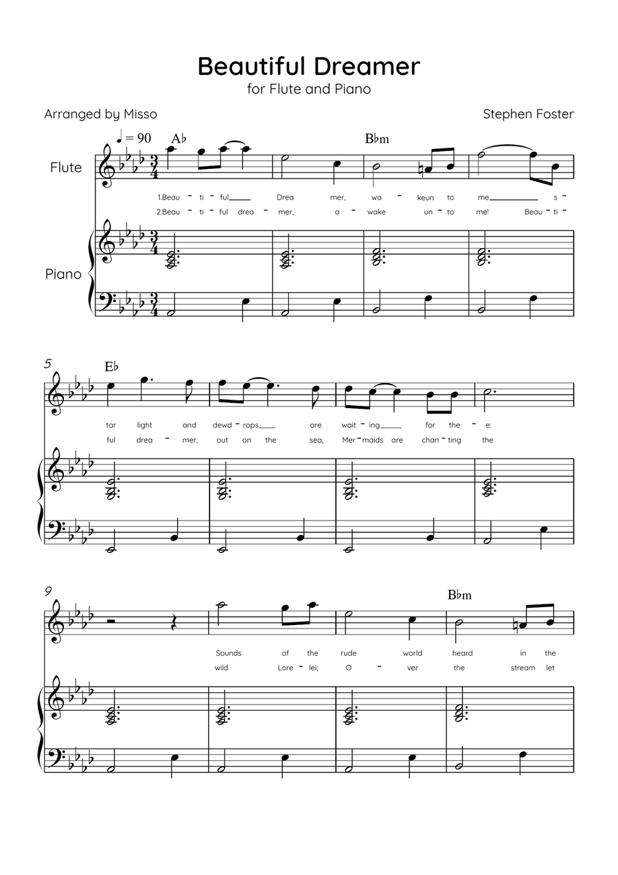 Beautiful Dreamer - Flute and Piano in Ab Major Easy - Lyrics & Chords (Version Tom Roush) Flute scores gallery preview page 1