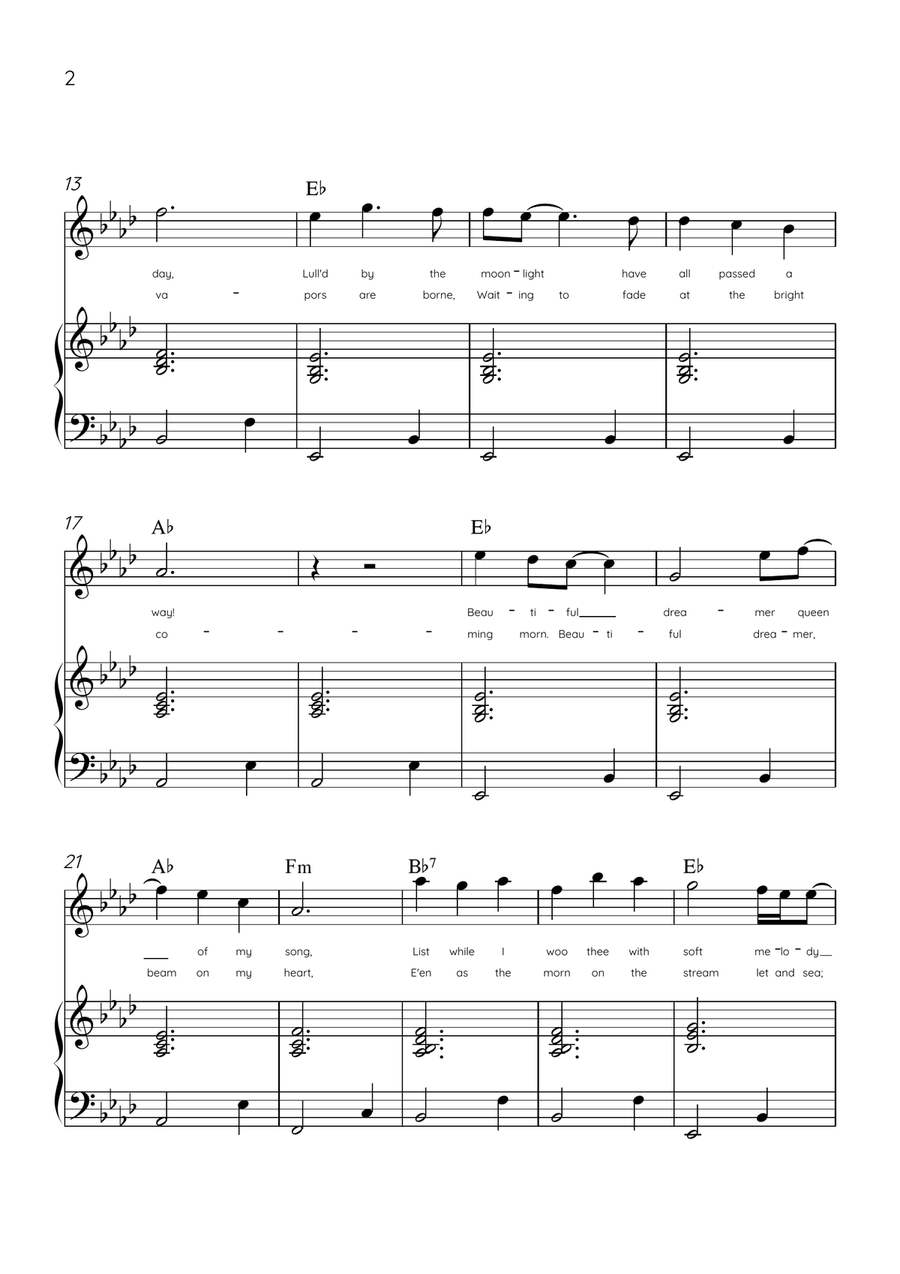 Beautiful Dreamer - Flute and Piano in Ab Major Easy - Lyrics & Chords (Version Tom Roush) Flute scores gallery preview page 2