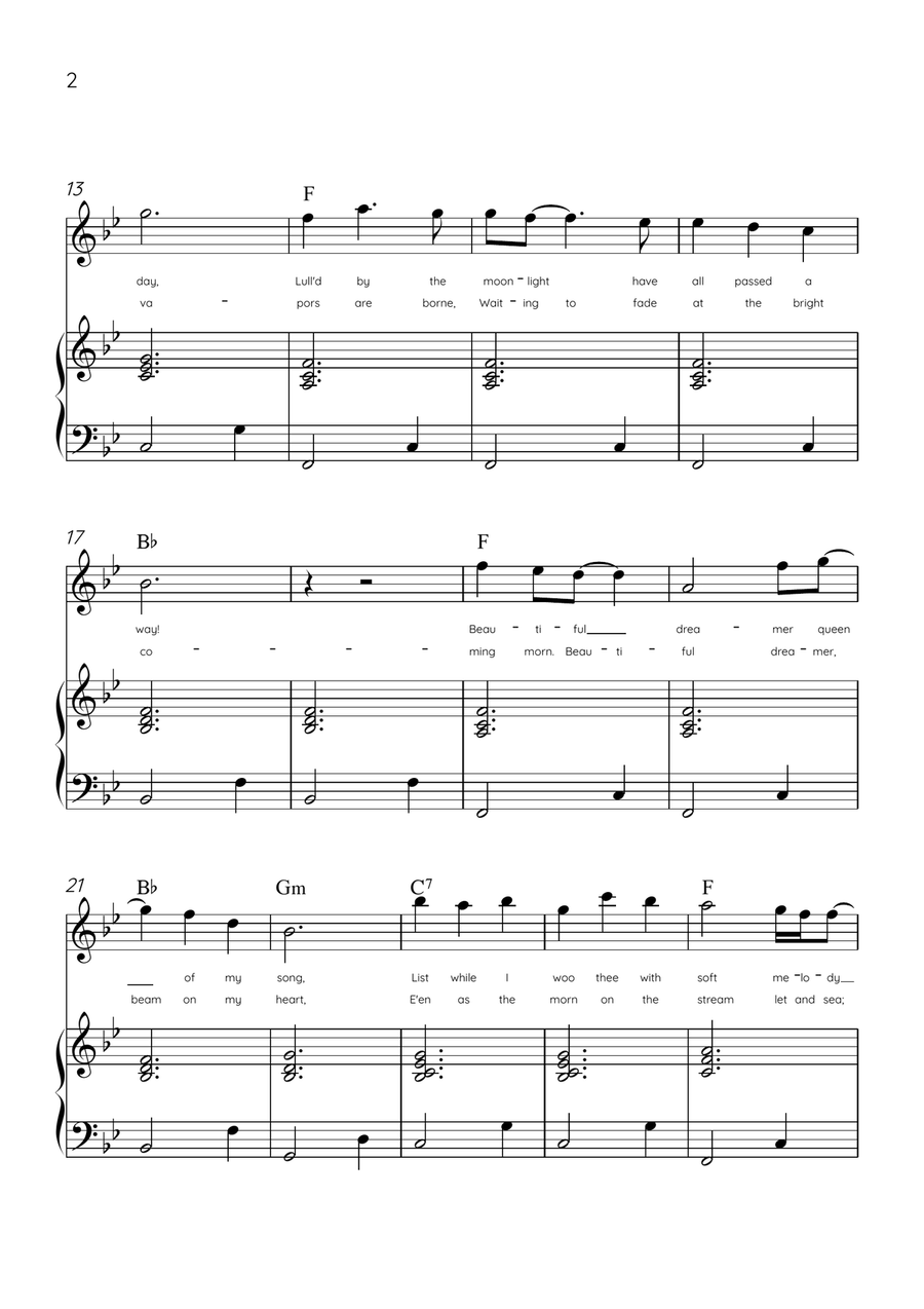 Beautiful Dreamer - Flute and Piano in Bb Major Easy - Lyrics & Chords (Version Tom Roush) Flute scores gallery preview page 2
