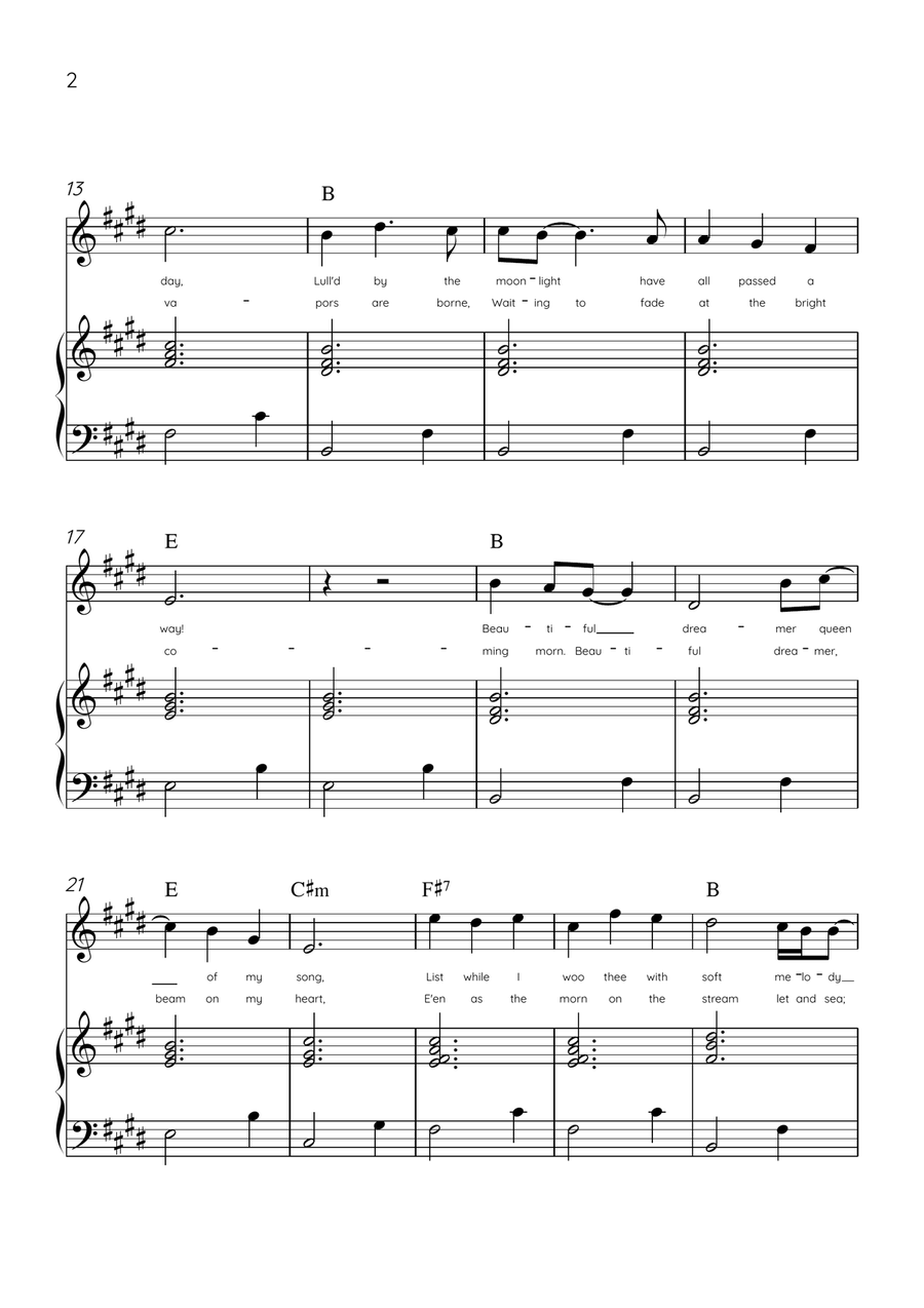 Beautiful Dreamer - Flute and Piano in E Major Easy - Lyrics & Chords (Version Tom Roush) Flute scores gallery preview page 2