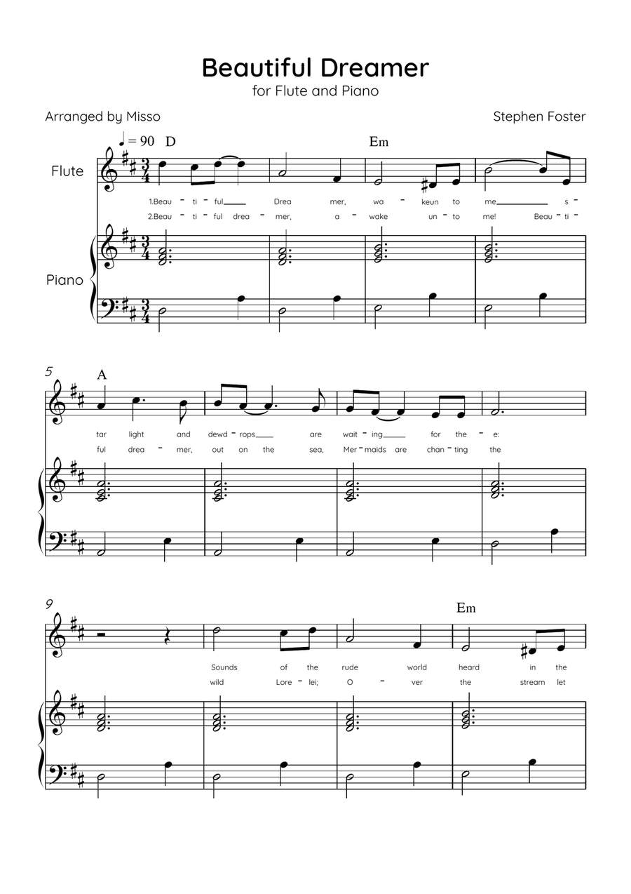 Beautiful Dreamer - Flute and Piano in D Major Easy - Lyrics & Chords (Version Tom Roush) Flute scores gallery preview page 1