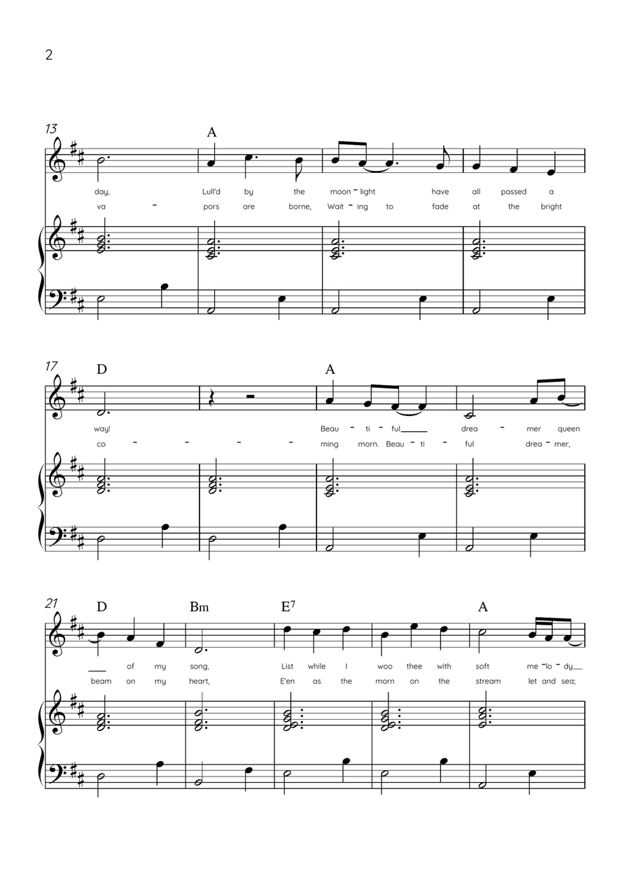 Beautiful Dreamer - Flute and Piano in D Major Easy - Lyrics & Chords (Version Tom Roush) Flute scores gallery preview page 2