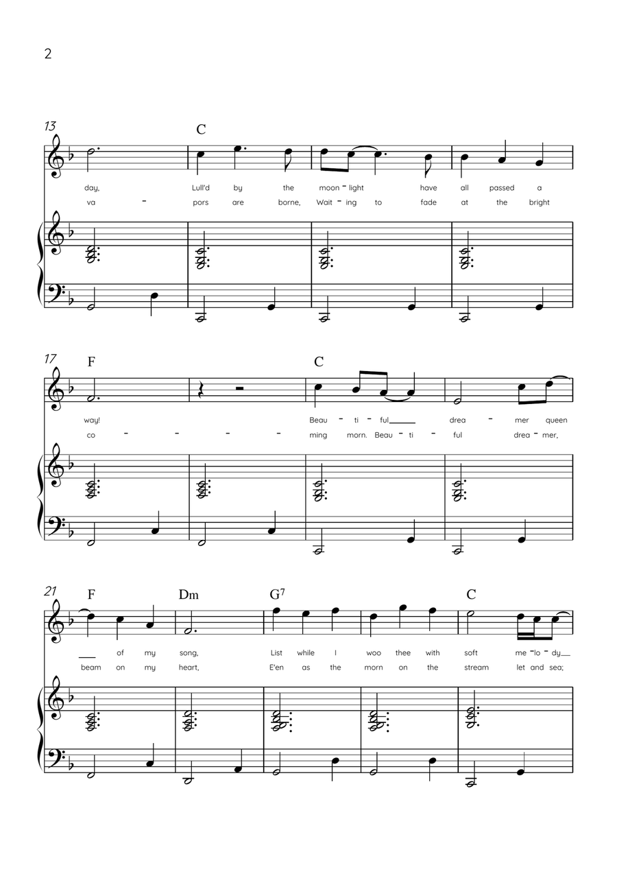 Beautiful Dreamer - Flute and Piano in F Major Easy - Lyrics & Chords (Version Tom Roush) Flute scores gallery preview page 2