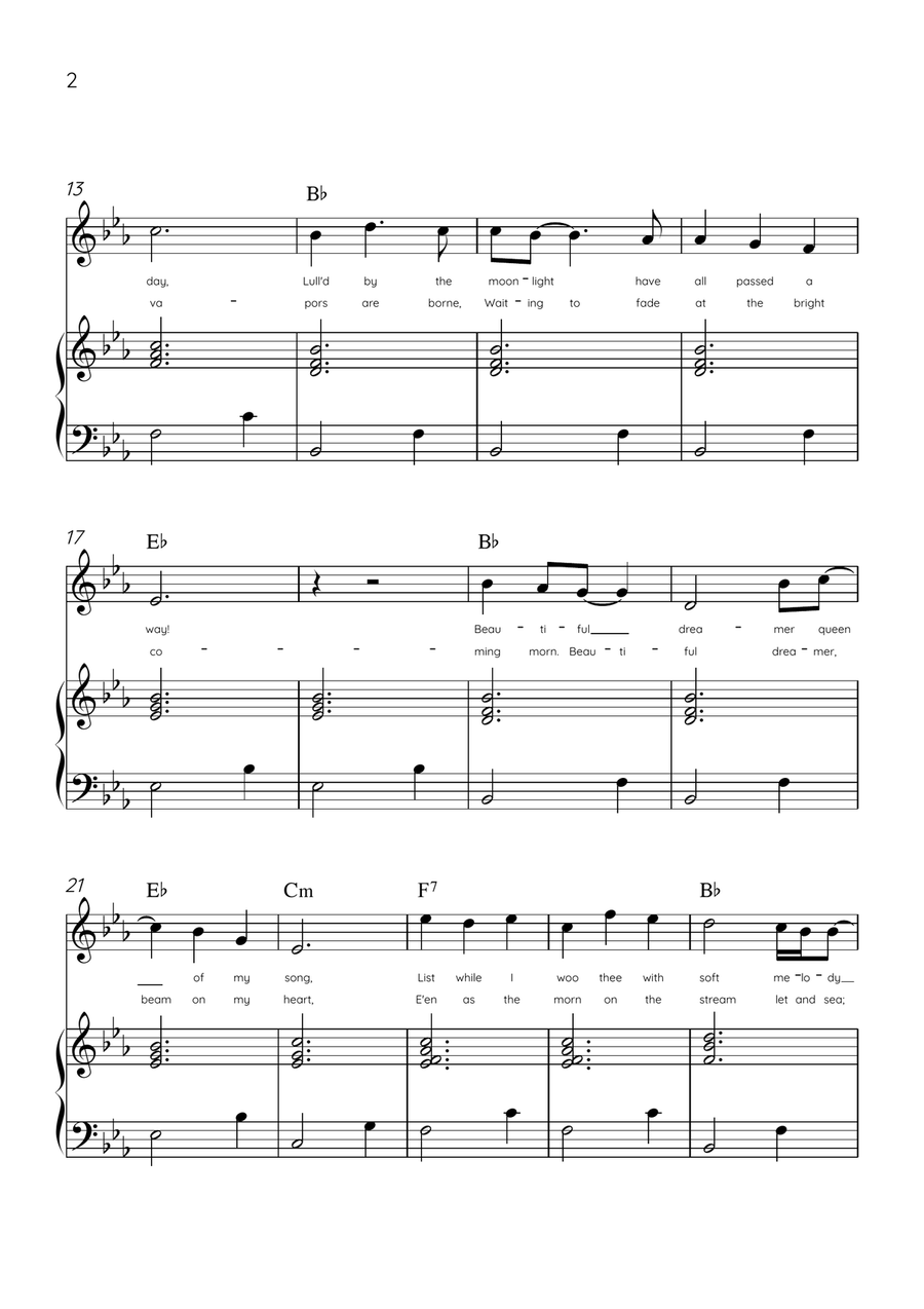 Beautiful Dreamer - Flute and Piano in Eb Major Easy - Lyrics & Chords (Version Tom Roush) Flute scores gallery preview page 2