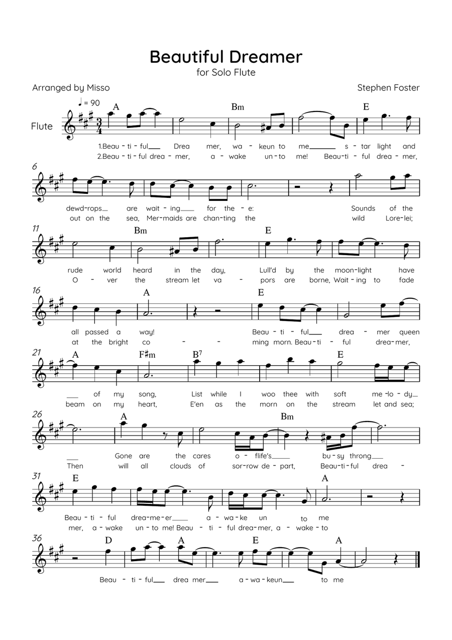 Beautiful Dreamer - Solo Flute in A major Easy - Lyrics & Chords (Version Tom Roush) Flute Solo scores gallery preview page 1