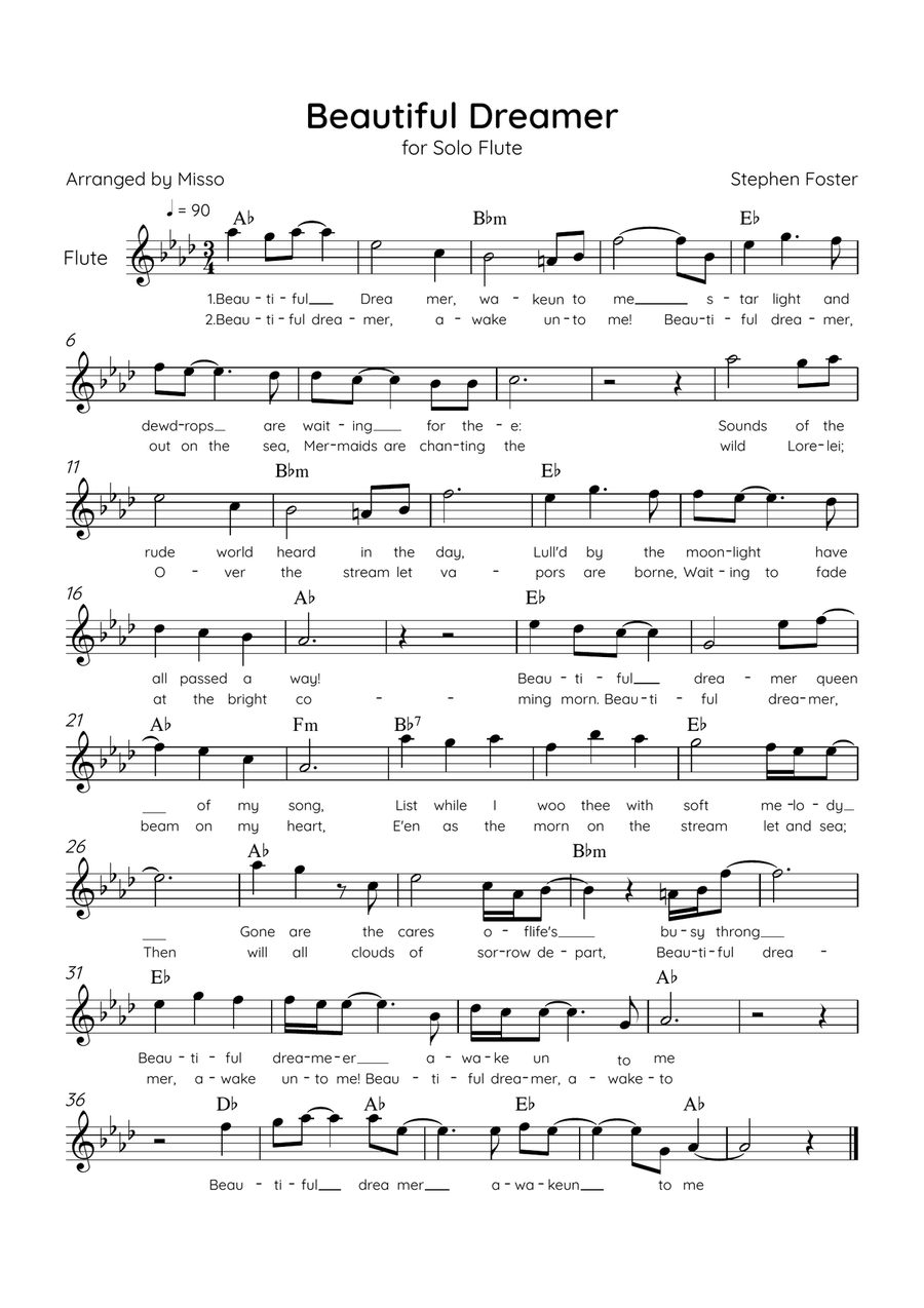 Beautiful Dreamer - Solo Flute in Ab major Easy - Lyrics & Chords (Version Tom Roush) Flute Solo scores gallery preview page 1