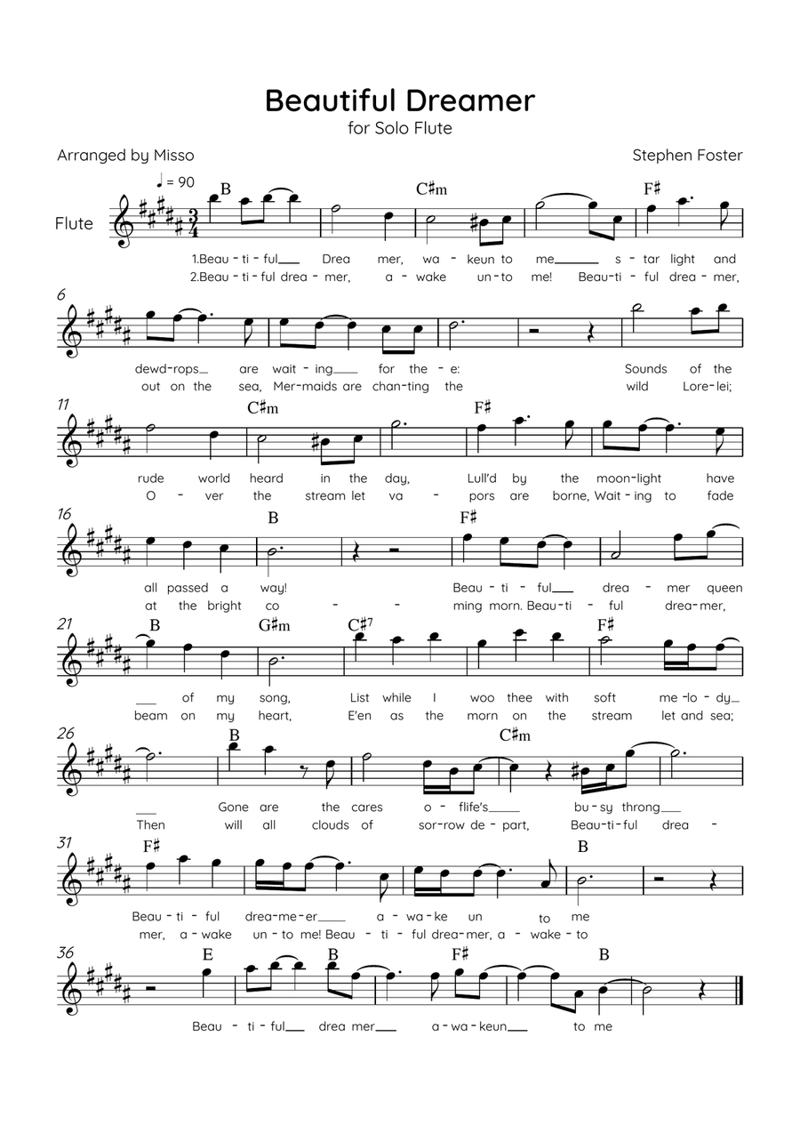 Beautiful Dreamer - Solo Flute in B major Easy - Lyrics & Chords (Version Tom Roush) Flute Solo scores gallery preview page 1