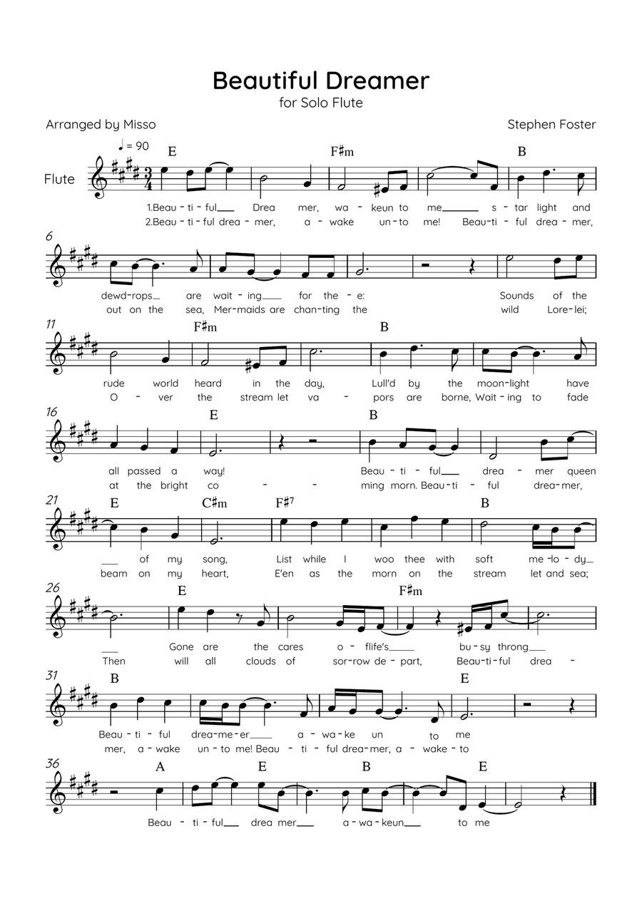 Beautiful Dreamer - Solo Flute in E major Easy - Lyrics & Chords (Version Tom Roush) Flute Solo scores gallery preview page 1