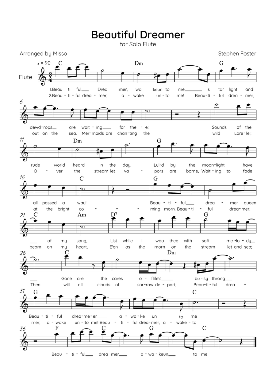 Beautiful Dreamer - Solo Flute in C major Easy - Lyrics & Chords (Version Tom Roush) Flute Solo scores gallery preview page 1