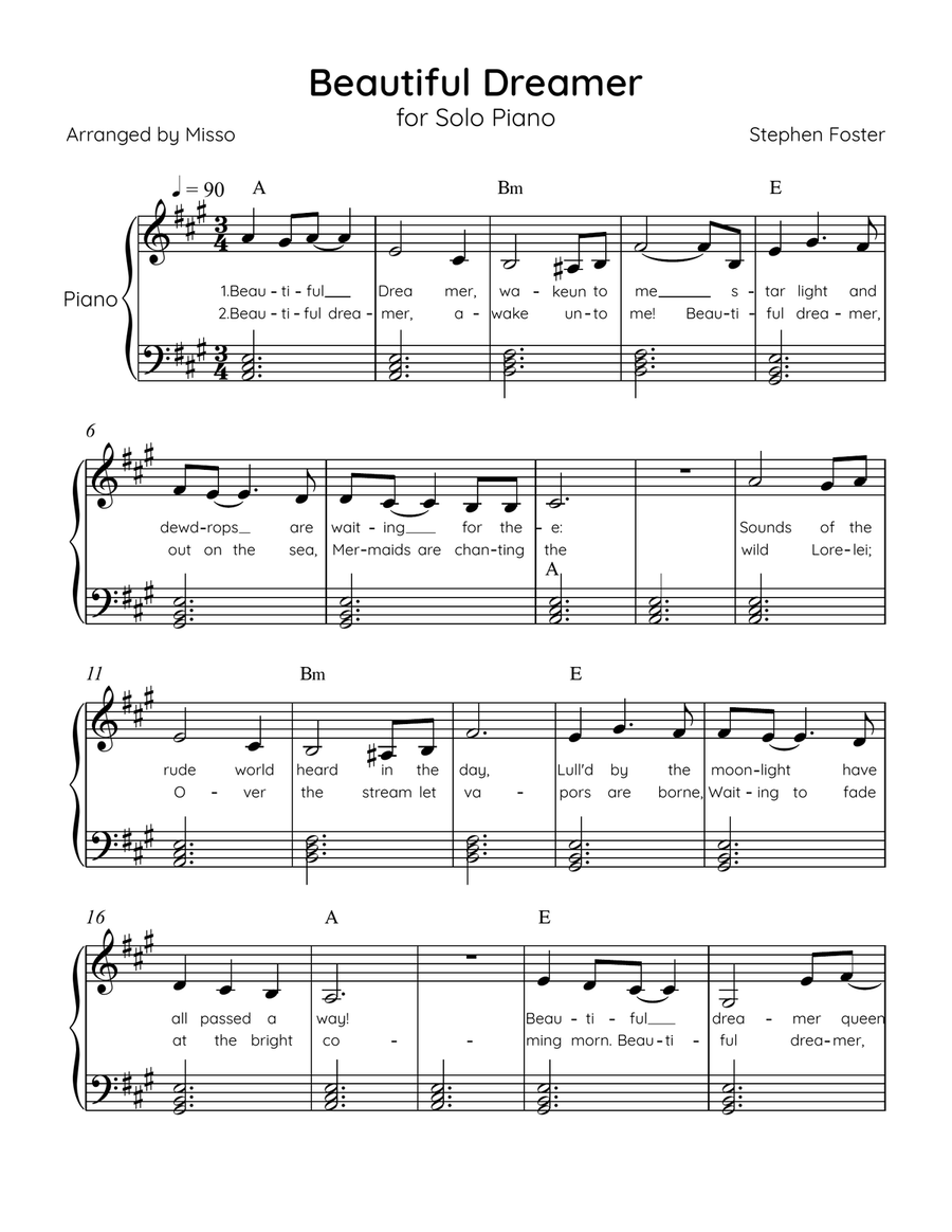 Beautiful Dreamer - Solo Piano in A Major Easy - Lyrics & Chords (Version Tom Roush) Easy Piano scores gallery preview page 1