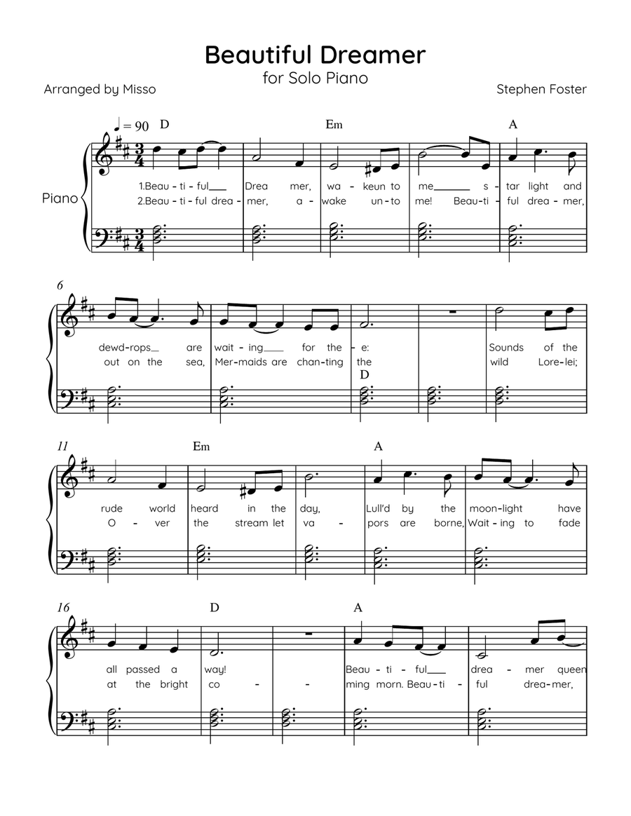 Beautiful Dreamer - Solo Piano in D Major Easy - Lyrics & Chords (Version Tom Roush) Easy Piano scores gallery preview page 1