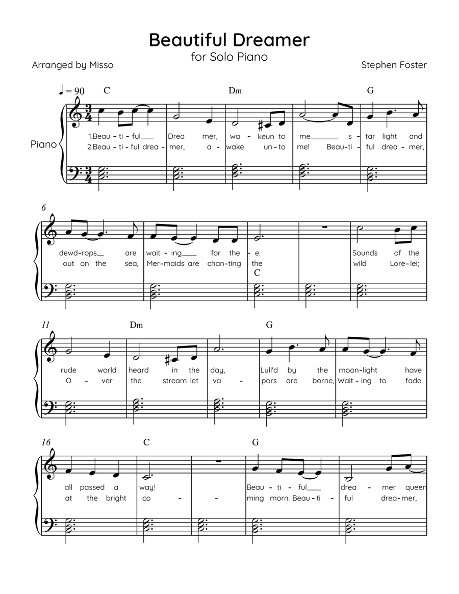 Beautiful Dreamer - Solo Piano in C Major Easy - Lyrics & Chords (Version Tom Roush) Easy Piano scores gallery preview page 1